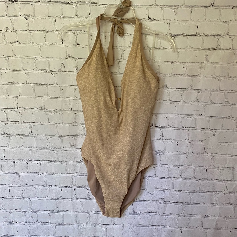 Jantzen one piece halter swimsuit Gold Sparkles tummy control size 12